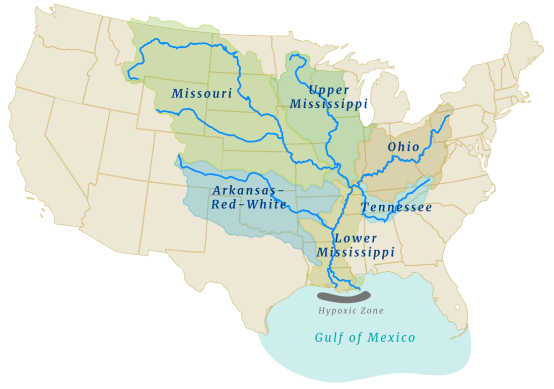 Map of the Mississippi River Basin and its major sub-basins (source: US EPA, public domain)